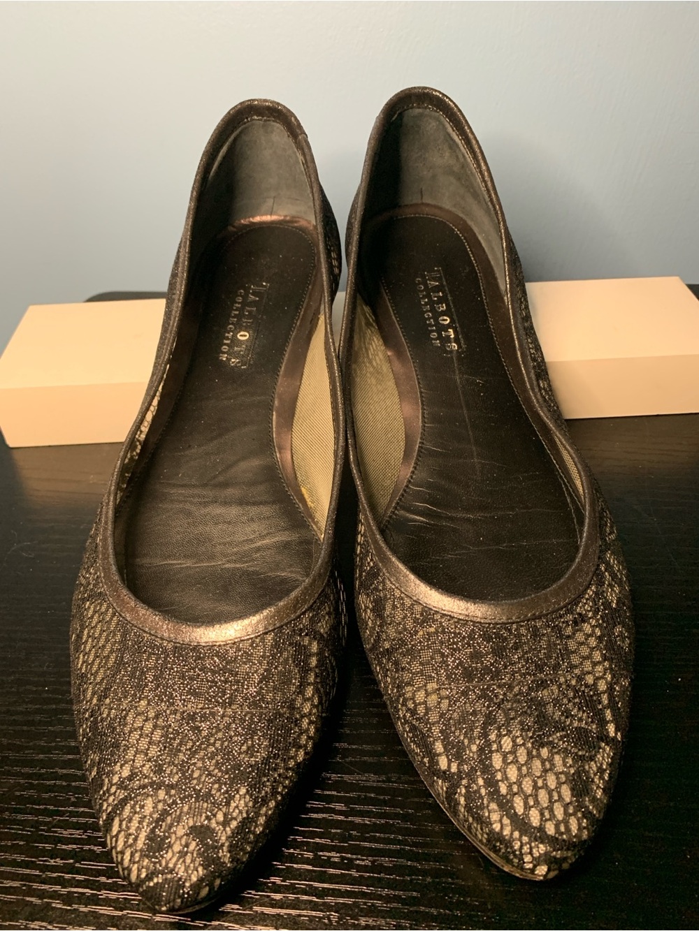 Talbots Bronze and Black Lace Print Pointed Ballet Flats
